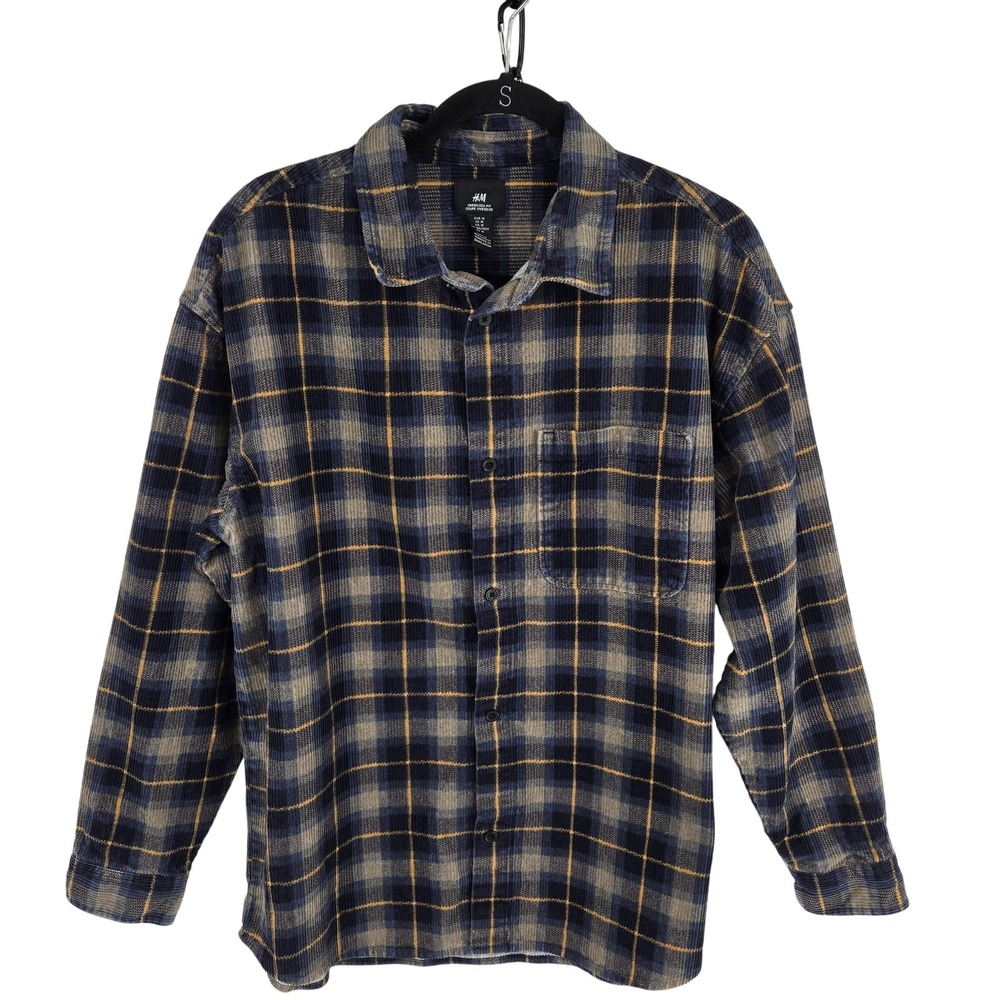 H&M Shirt Mens Medium Blue Gray Plaid Flannel Shacket Button Up Long Sleeve